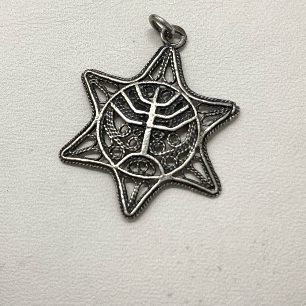 Vintage 925 Sterling Silver Jerusalem Star of David Menorah Filigree Pendant 1"